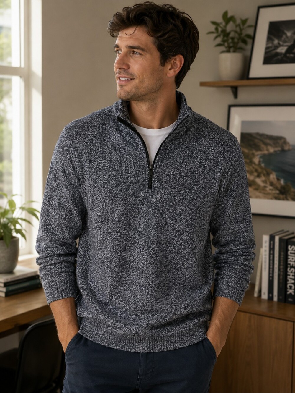 Calvin Klein Men’s Large Gray Marled Quarter-Zip Mock Neck Sweater